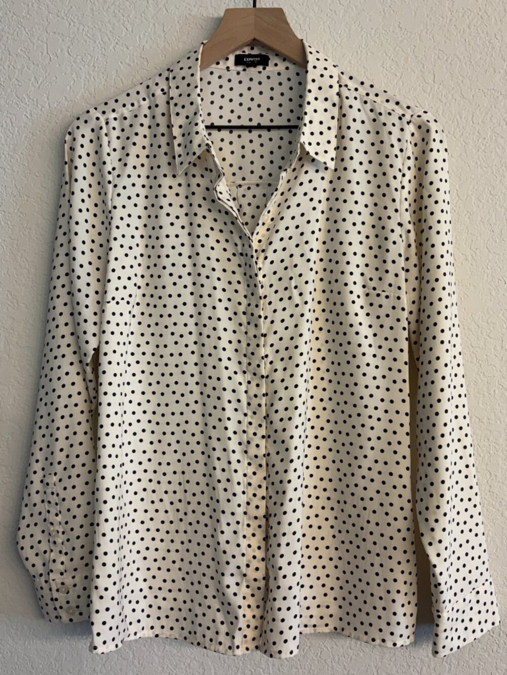Express Portofino Shirt Size M Cream Black Polka Dot Blouse